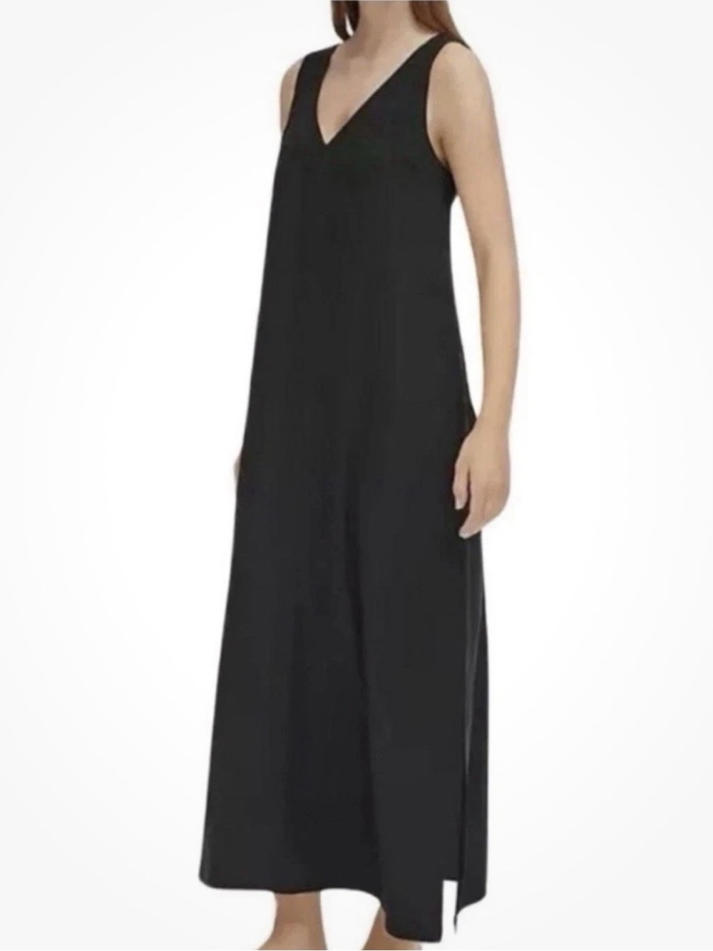 DKNY V-Neck Linen Blend Maxi Dress Black Coastal Beachy Side Slits Resort L